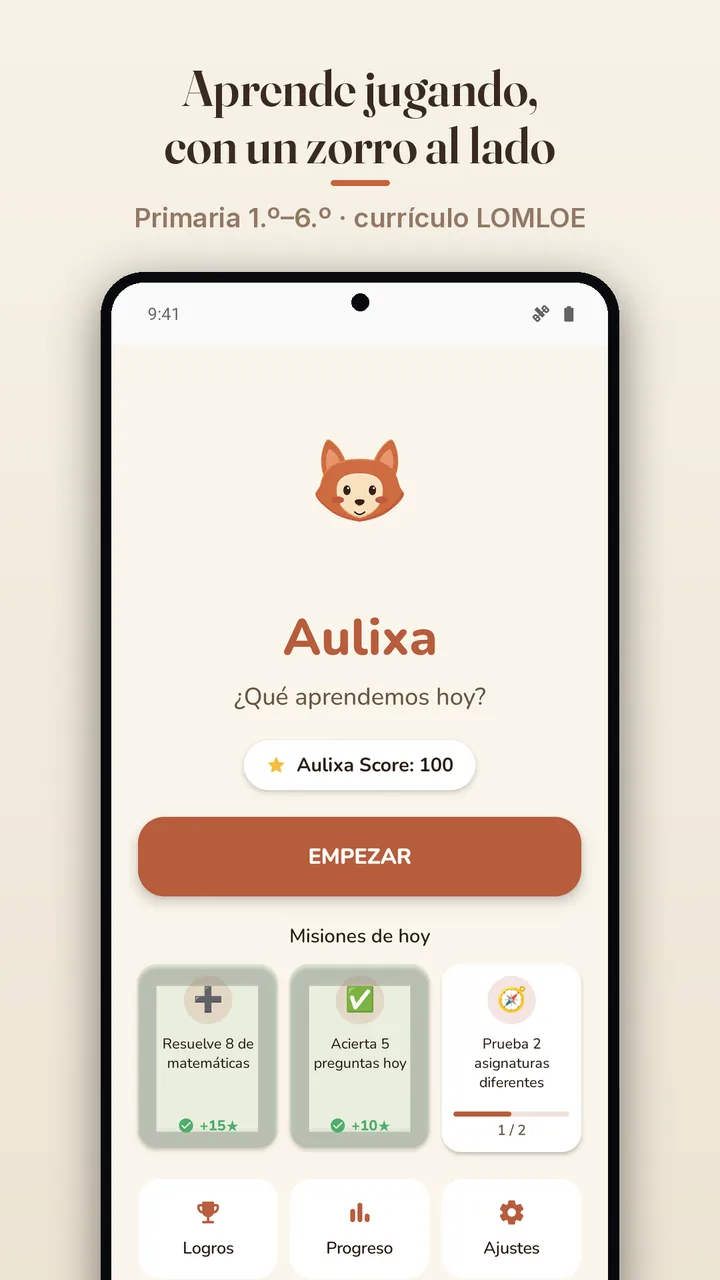 Pantalla de inicio de Aulixa, con el zorro y el botón Empezar