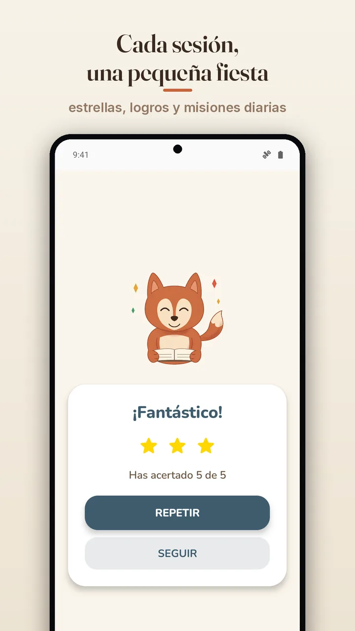 Pantalla de resultados con estrellas y logros desbloqueados